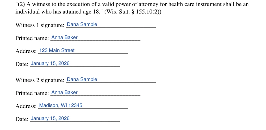Wisconsin medical power of attorney: Poa execution wi blocks.1.witness 1 signature, Poa execution wi blocks.2.printed name and more, filled with sample entries