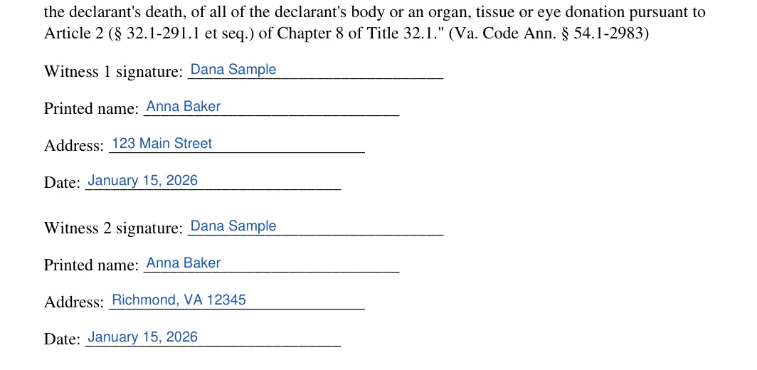 Virginia medical power of attorney: Poa execution va blocks.1.witness 1 signature, Poa execution va blocks.2.printed name and more, filled with sample entries