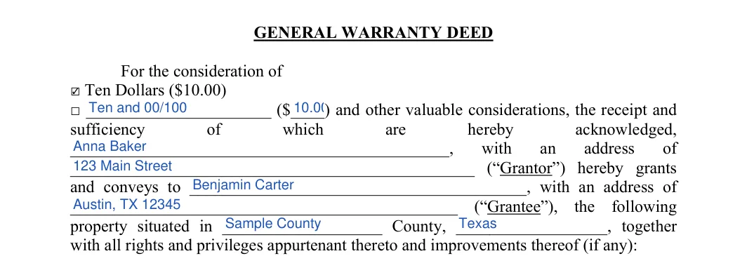 Texas Texas Warranty Deed: GENERAL WARRANTY DEED, filled with sample entries