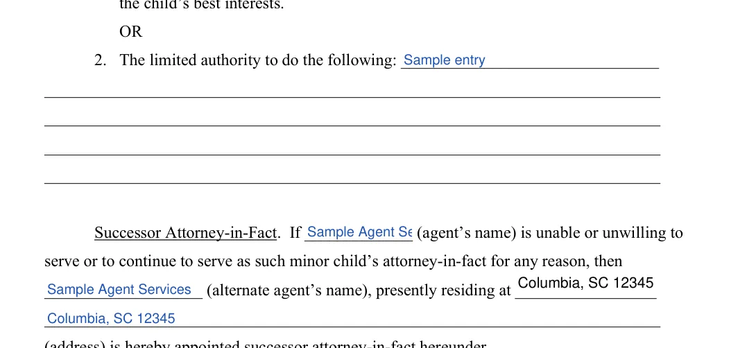 South Carolina South Carolina Minor Child Power of Attorney: Agent's name, Alternate agent’s name and more, filled with sample entries