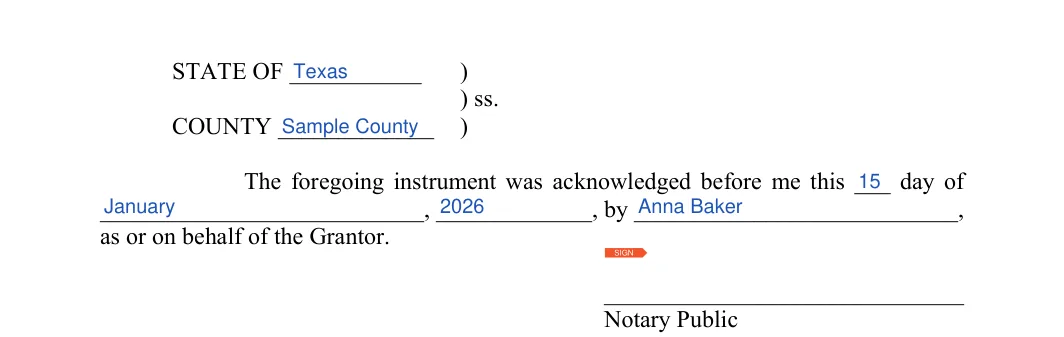 Texas Texas Warranty Deed: State of, County and more, filled with sample entries