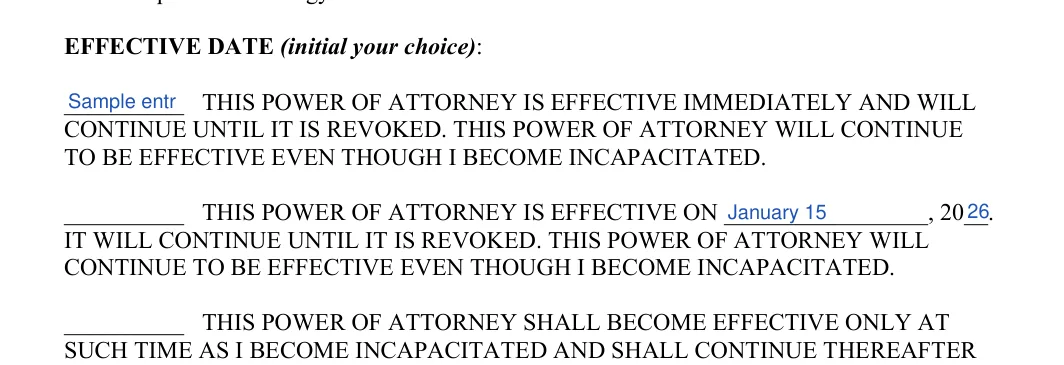 Georgia Durable Power of Attorney: EFFECTIVE DATE (initial your choice), filled with sample entries