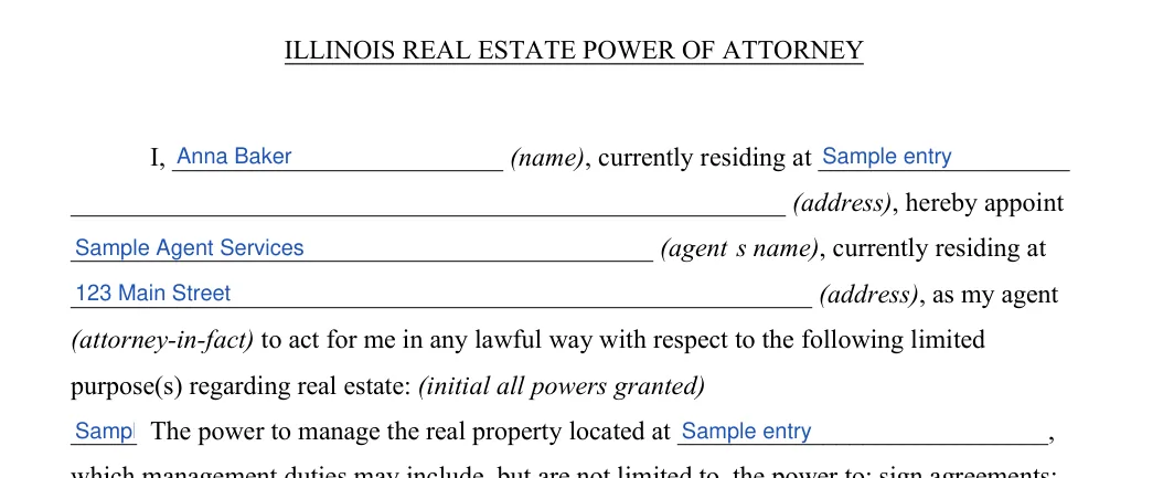 Illinois real estate power of attorney: ILLINOIS REAL ESTATE POWER OF ATTORNEY, filled with sample entries