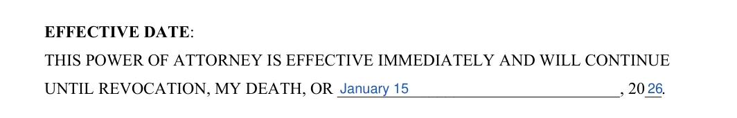 Illinois real estate power of attorney: EFFECTIVE DATE, filled with sample entries