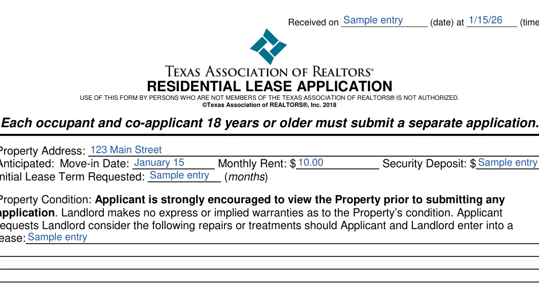 Texas Texas Rental Application: Property Address, filled with sample entries