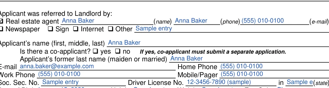 Texas Texas Rental Application: Applicant was referred to Landlord by, filled with sample entries