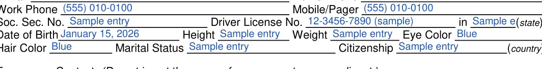 Texas Texas Rental Application: Soc. Sec. No, filled with sample entries
