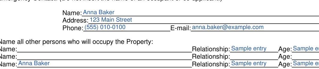 Texas Texas Rental Application: Name, filled with sample entries