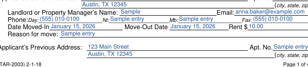 Texas Texas Rental Application: Email, filled with sample entries