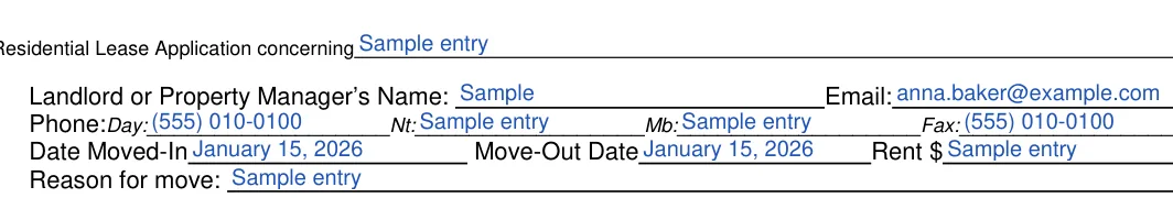Texas Texas Rental Application: Email, filled with sample entries
