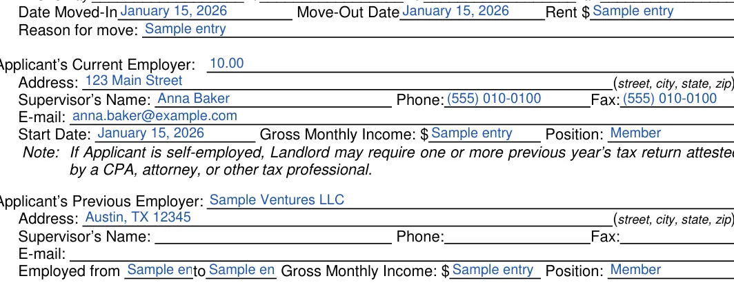 Texas Texas Rental Application: Reason for move, filled with sample entries