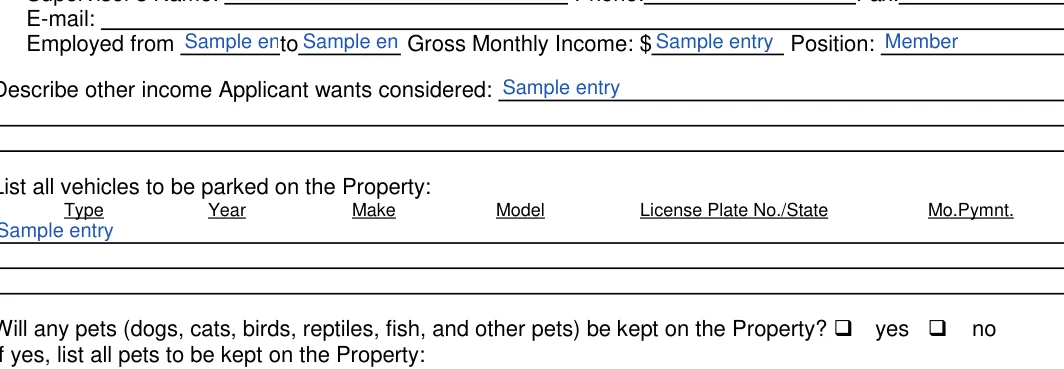 Texas Texas Rental Application: Position, filled with sample entries