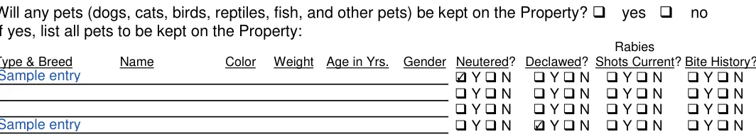 Texas Texas Rental Application: If yes, list all pets to be kept on the Property, filled with sample entries