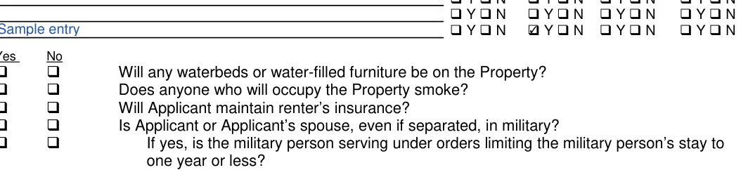 Texas Texas Rental Application:  Y  N  Y  N, filled with sample entries