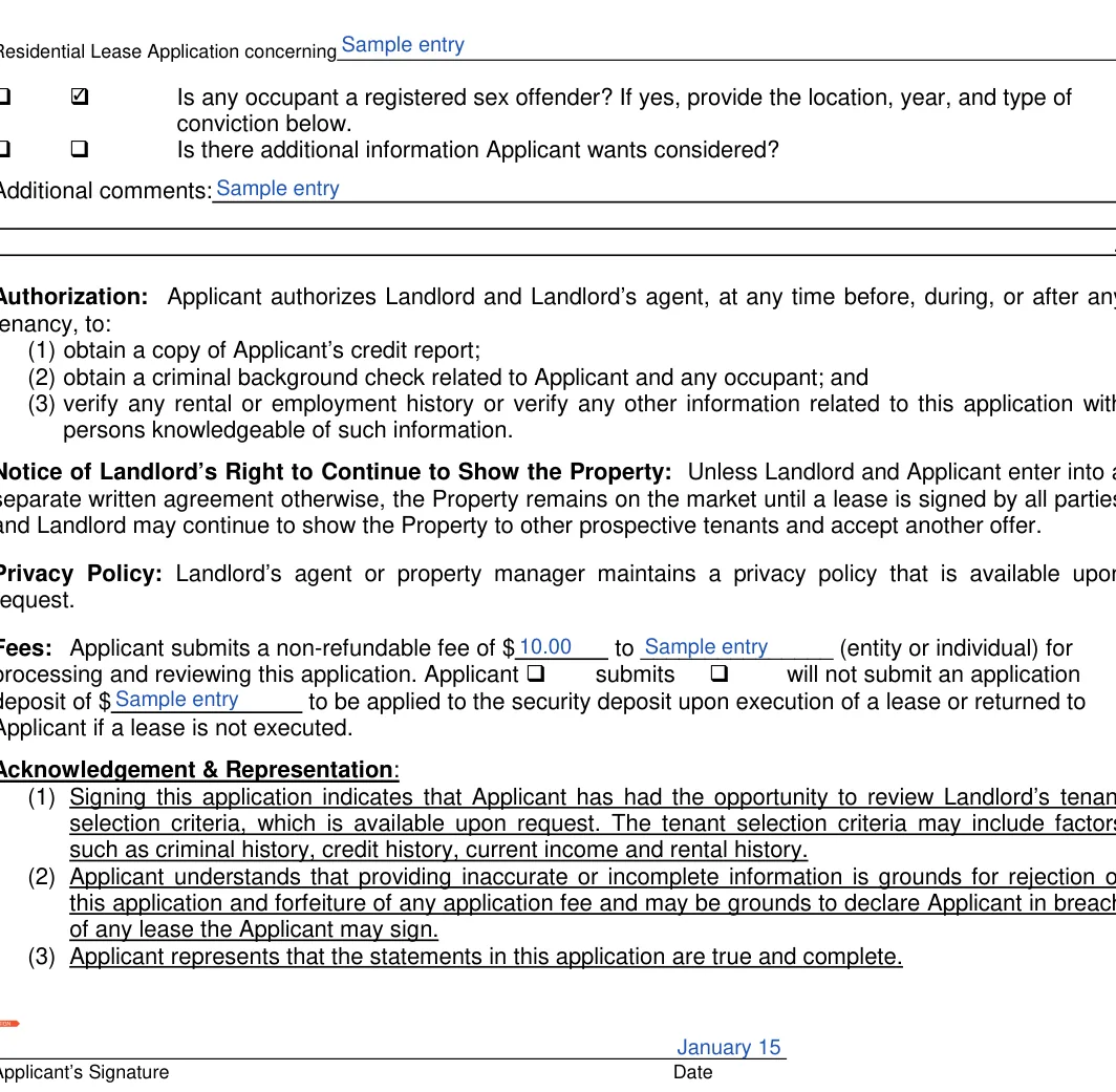 Texas Texas Rental Application: Additional comments, filled with sample entries