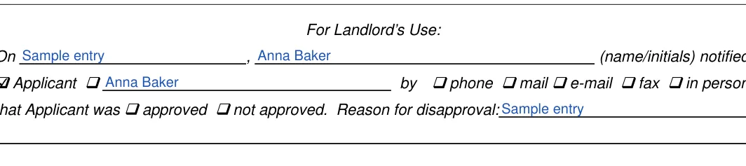 Texas Texas Rental Application: For Landlord’s Use, filled with sample entries