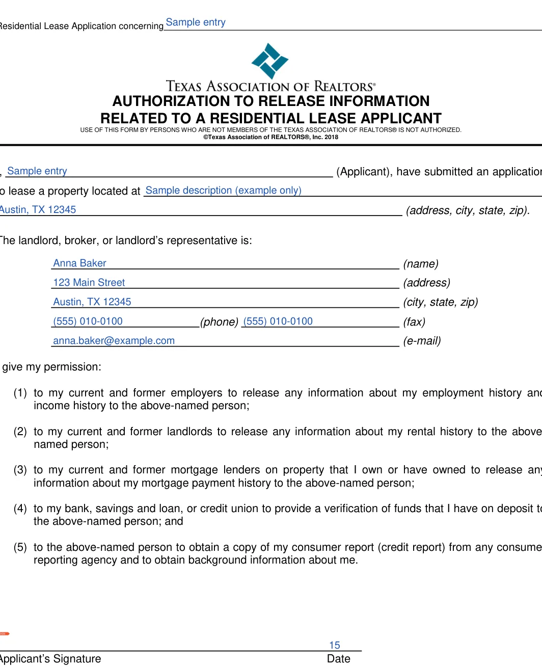 Texas Texas Rental Application: RELATED TO A RESIDENTIAL LEASE APPLICANT, filled with sample entries