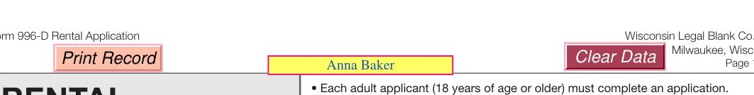Wisconsin Rental Application: Information to accommodate longer names in some fields, Alert clear and more, filled with sample entries