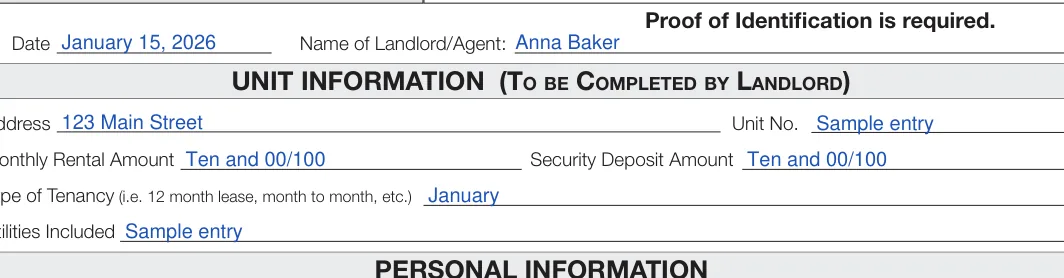 Wisconsin Rental Application: Name of Landlord/Agent, filled with sample entries