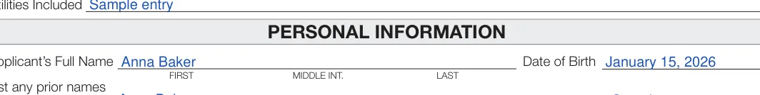 Wisconsin Rental Application: PERSONAL INFORMATION, filled with sample entries