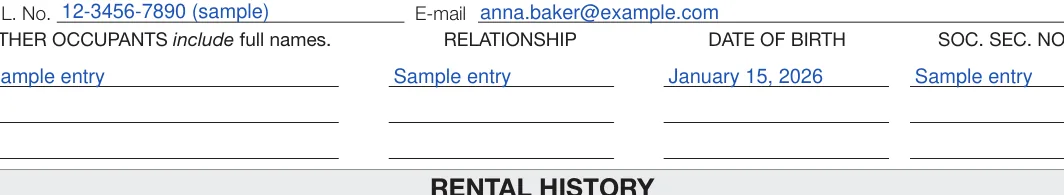 Wisconsin Rental Application: DATE OF BIRTH, filled with sample entries