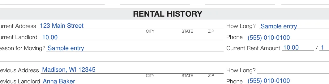 Wisconsin Rental Application: RENTAL HISTORY, filled with sample entries