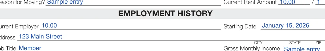 Wisconsin Rental Application: EMPLOYMENT HISTORY, filled with sample entries