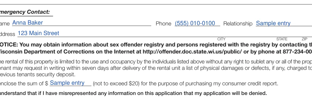 Wisconsin Rental Application: Emergency Contact, filled with sample entries