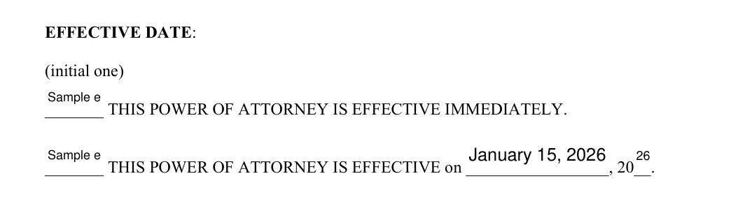 Washington General Financial Power of Attorney: EFFECTIVE DATE, filled with sample entries