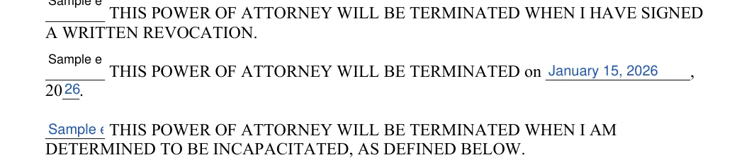 Washington General Financial Power of Attorney: A WRITTEN REVOCATION, filled with sample entries