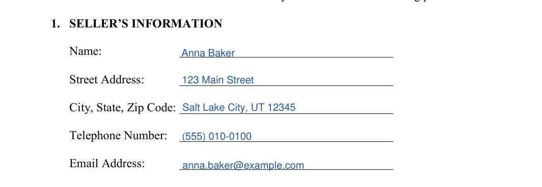 Utah Utah Firearm Bill of Sale: 1. SELLER’S INFORMATION, filled with sample entries