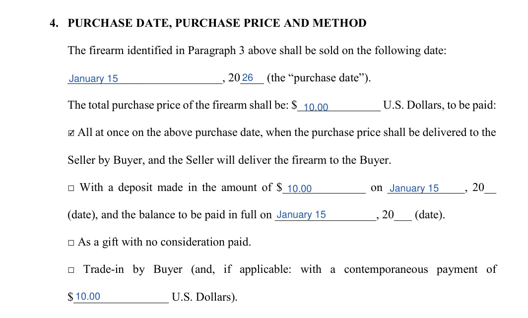 Utah Utah Firearm Bill of Sale: 4. PURCHASE DATE, PURCHASE PRICE AND METHOD, filled with sample entries