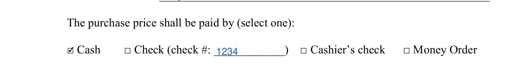 Utah Utah Firearm Bill of Sale: The purchase price shall be paid by (select one), filled with sample entries
