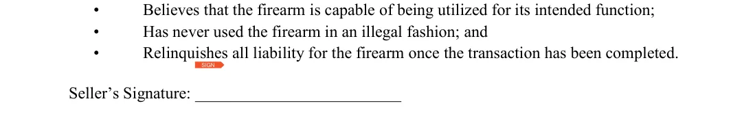 Utah Utah Firearm Bill of Sale: Seller’s signature, filled with sample entries