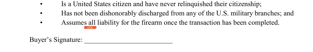 Utah Utah Firearm Bill of Sale: Buyers signature, filled with sample entries