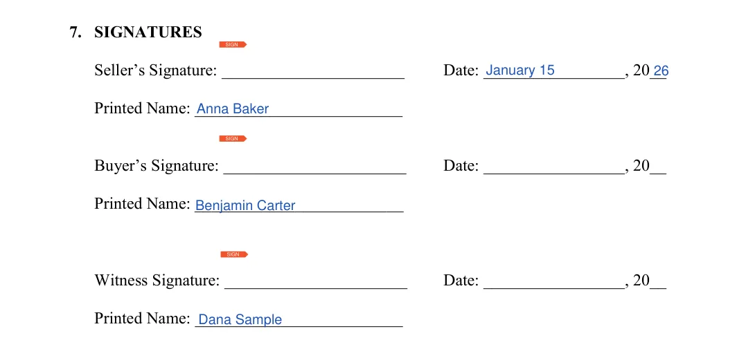 Utah Utah Firearm Bill of Sale: 7. SIGNATURES, filled with sample entries