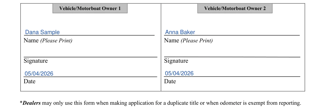 Nebraska DMV Power of Attorney (For Vehicle/Motorboat Only): Vehicle/Motorboat Owner 1 and Owner 2, filled with sample entries