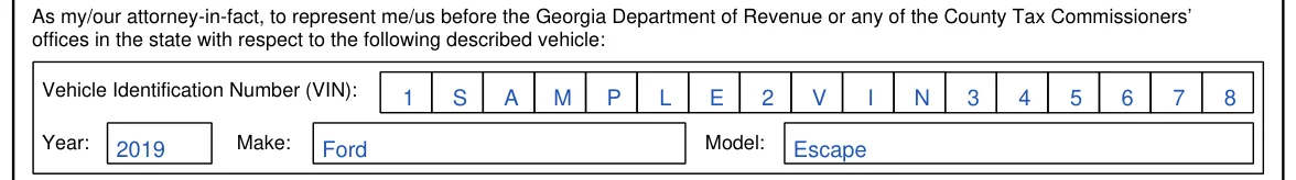 Georgia Form T-8 Limited Power of Attorney - Motor Vehicle Transactions: Vehicle Identification Number (VIN), Year, Make and Model, filled with sample entries