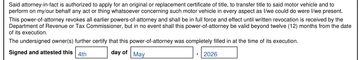 Georgia Form T-8 Limited Power of Attorney - Motor Vehicle Transactions: Signed and attested this day of, filled with sample entries