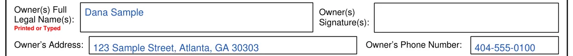 Georgia Form T-8 Limited Power of Attorney - Motor Vehicle Transactions: Owner(s) Full Legal Name(s), Signature(s), Address and Phone Number, filled with sample entries