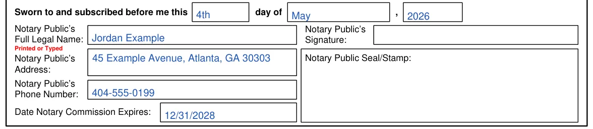 Georgia Form T-8 Limited Power of Attorney - Motor Vehicle Transactions: Sworn to and subscribed before me, and the notary public's details, filled with sample entries