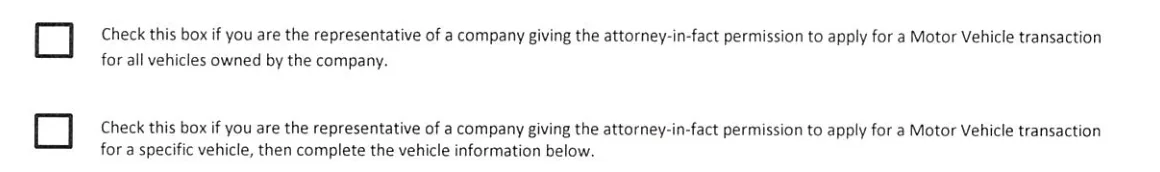 Arkansas DFA Power of Attorney for Vehicle Transactions: Company check boxes, filled with sample entries