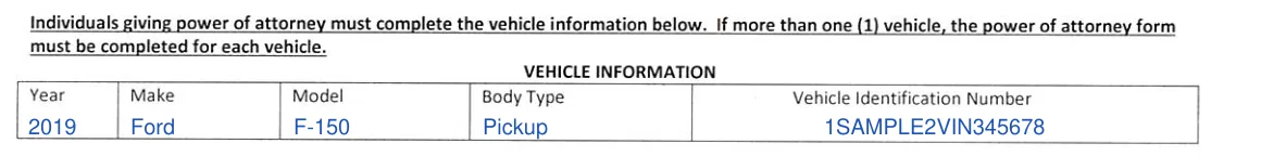 Arkansas DFA Power of Attorney for Vehicle Transactions: Vehicle Information, filled with sample entries