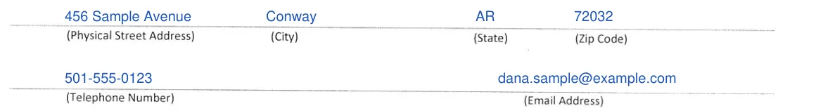 Arkansas DFA Power of Attorney for Vehicle Transactions: Physical Street Address, Telephone Number and Email Address, filled with sample entries