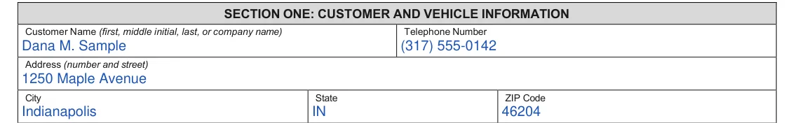 Indiana BMV Limited Power of Attorney (State Form 1940): Section One: Customer Name, Telephone Number and Address, filled with sample entries