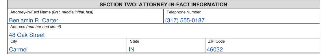 Indiana BMV Limited Power of Attorney (State Form 1940): Section Two: Attorney-in-Fact Information, filled with sample entries