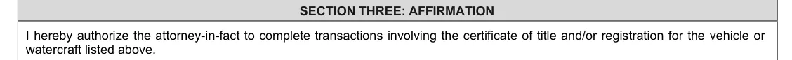 Indiana BMV Limited Power of Attorney (State Form 1940): Section Three: Affirmation, filled with sample entries