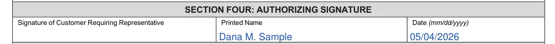 Indiana BMV Limited Power of Attorney (State Form 1940): Section Four: Authorizing Signature, filled with sample entries