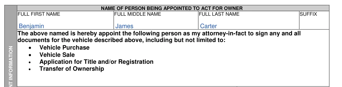 Alaska DMV Form 847 Power of Attorney: Name of Person Being Appointed to Act for Owner, filled with sample entries