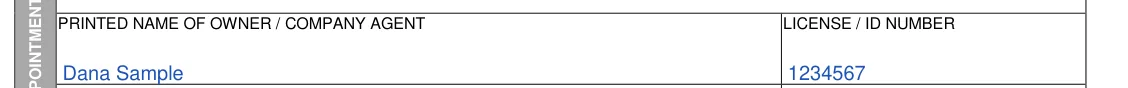 Alaska DMV Form 847 Power of Attorney: Printed Name of Owner / Company Agent and License / ID Number, filled with sample entries